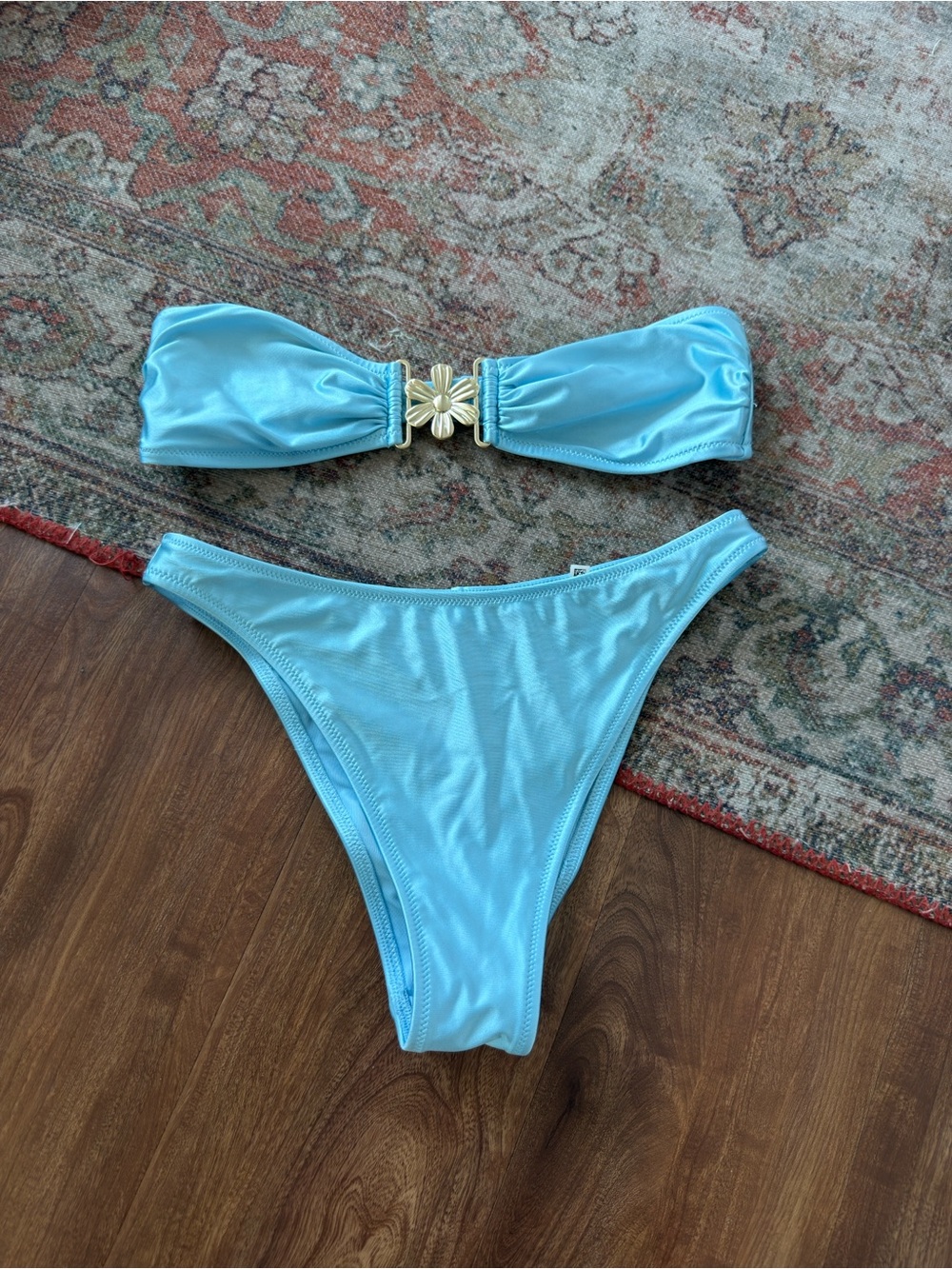 aerie Light Blue Bandeau Bikini with Gold Floral Center